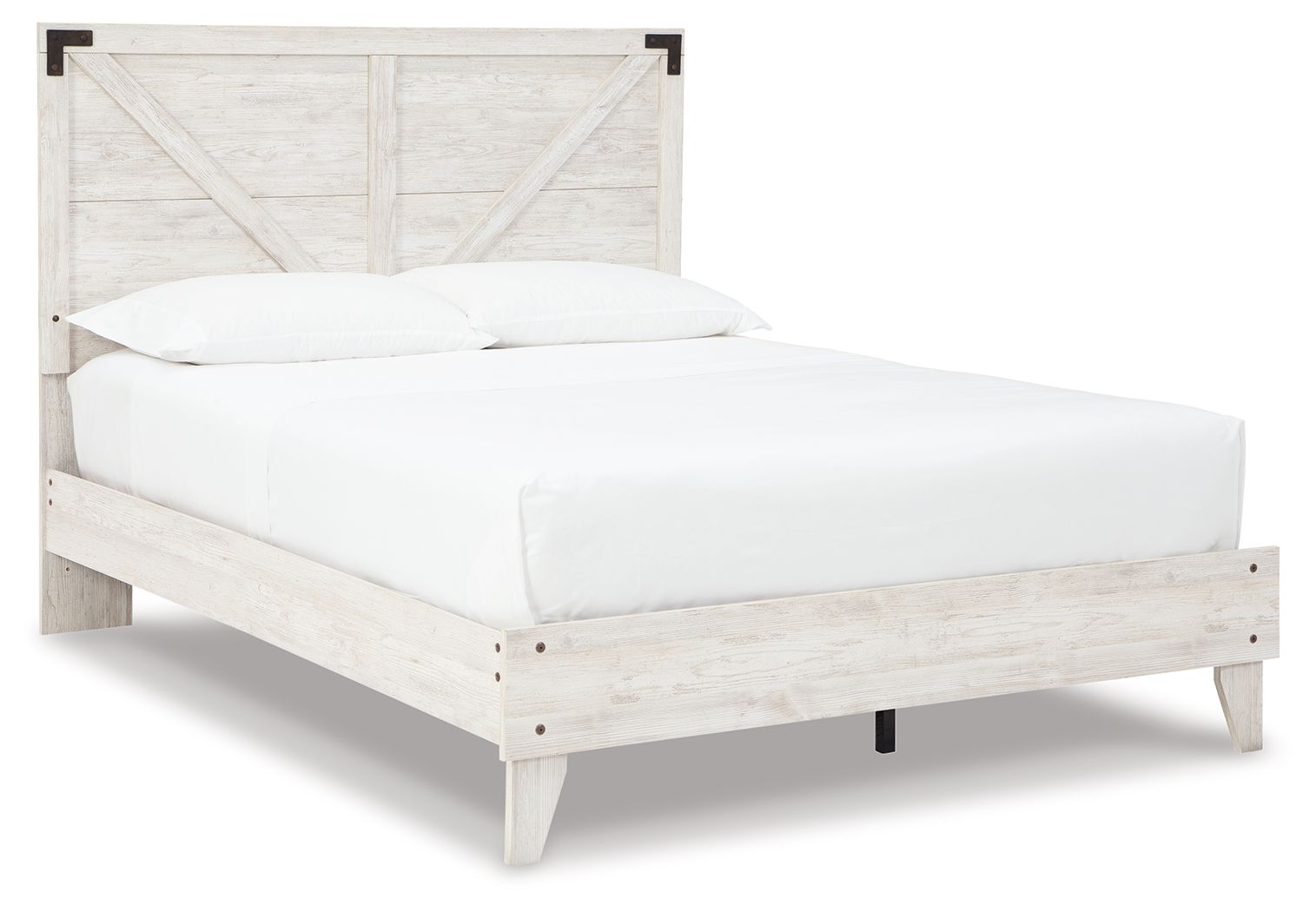 White panel bed with light wood frame, slatted headboard and side rails, white mattress