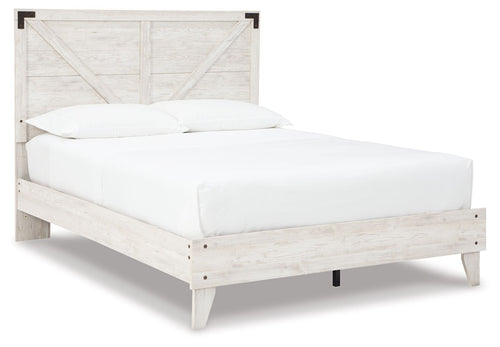 White panel bed with light wood frame, slatted headboard and side rails, white mattress