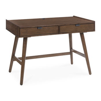 Light brown home office desk with 2 drawers and open under-shelf