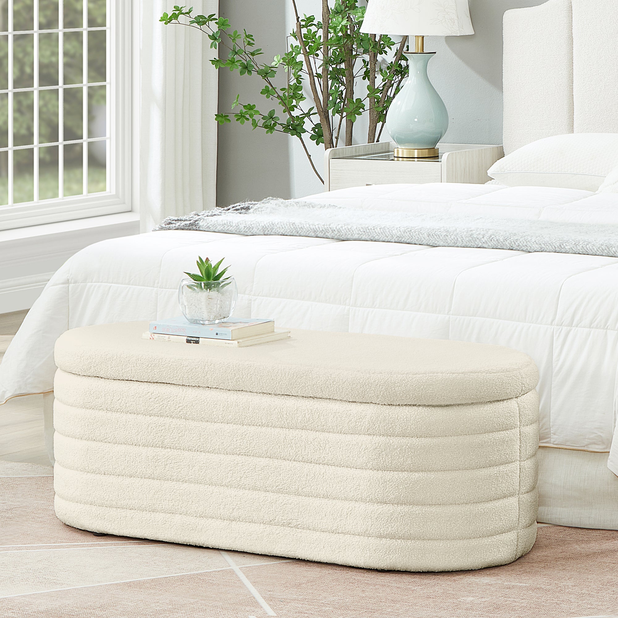 Modern Oval Boucle Storage Ottoman Bench for Bedroom Cream