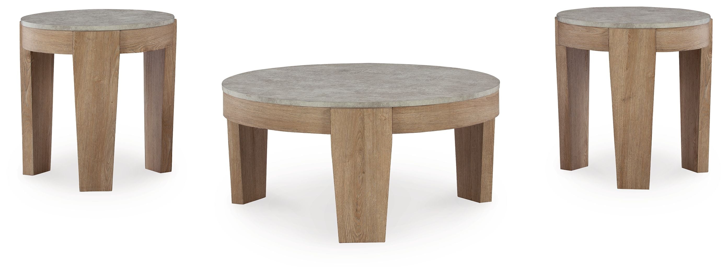 Set of 3 round occasional tables with gray tops and light brown wooden legs