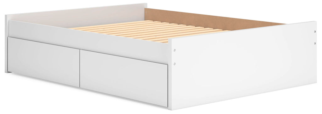 White platform bed frame with two side drawers and slat base