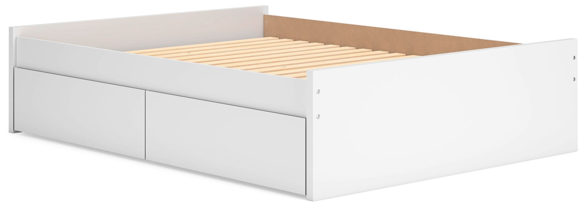 White platform bed frame with two side drawers and slat base