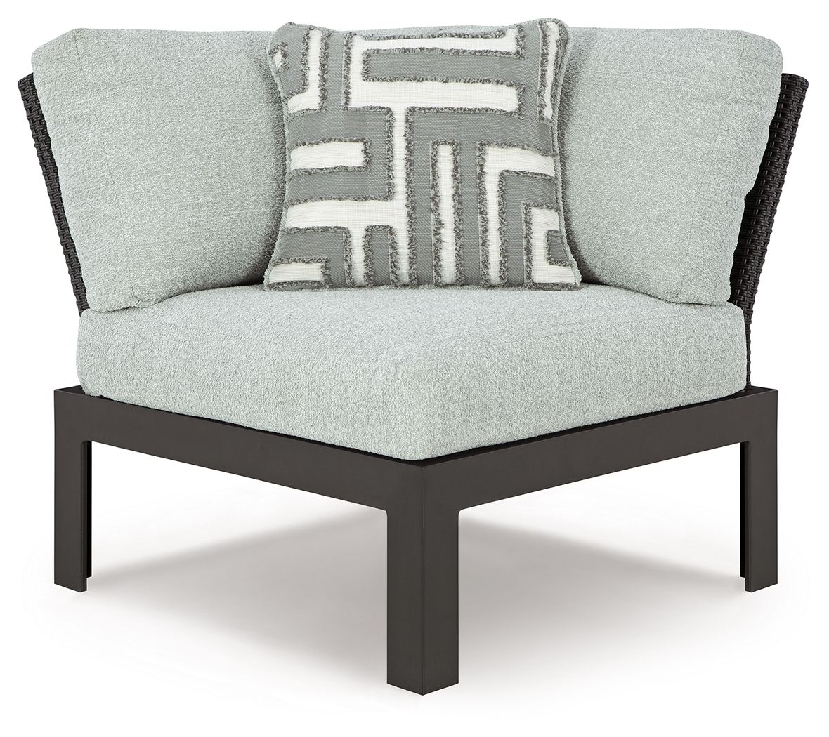 Gray outdoor corner chair with black frame, seat cushion, and patterned pillow