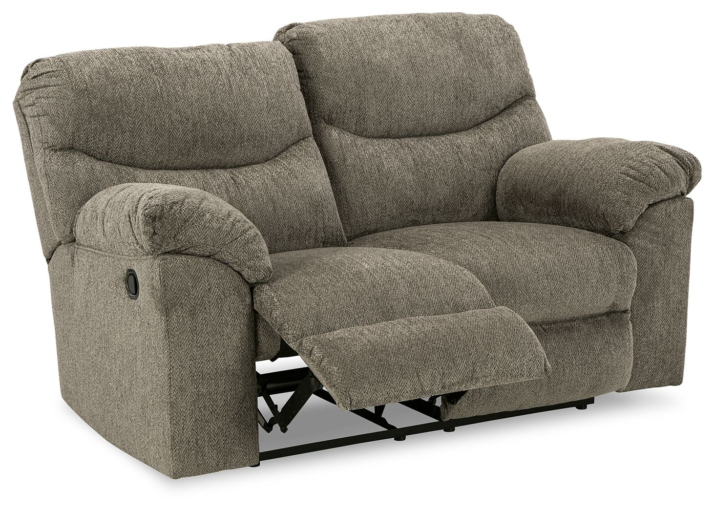 Reclining loveseat in gray fabric with pull-out footrest and rounded armrests