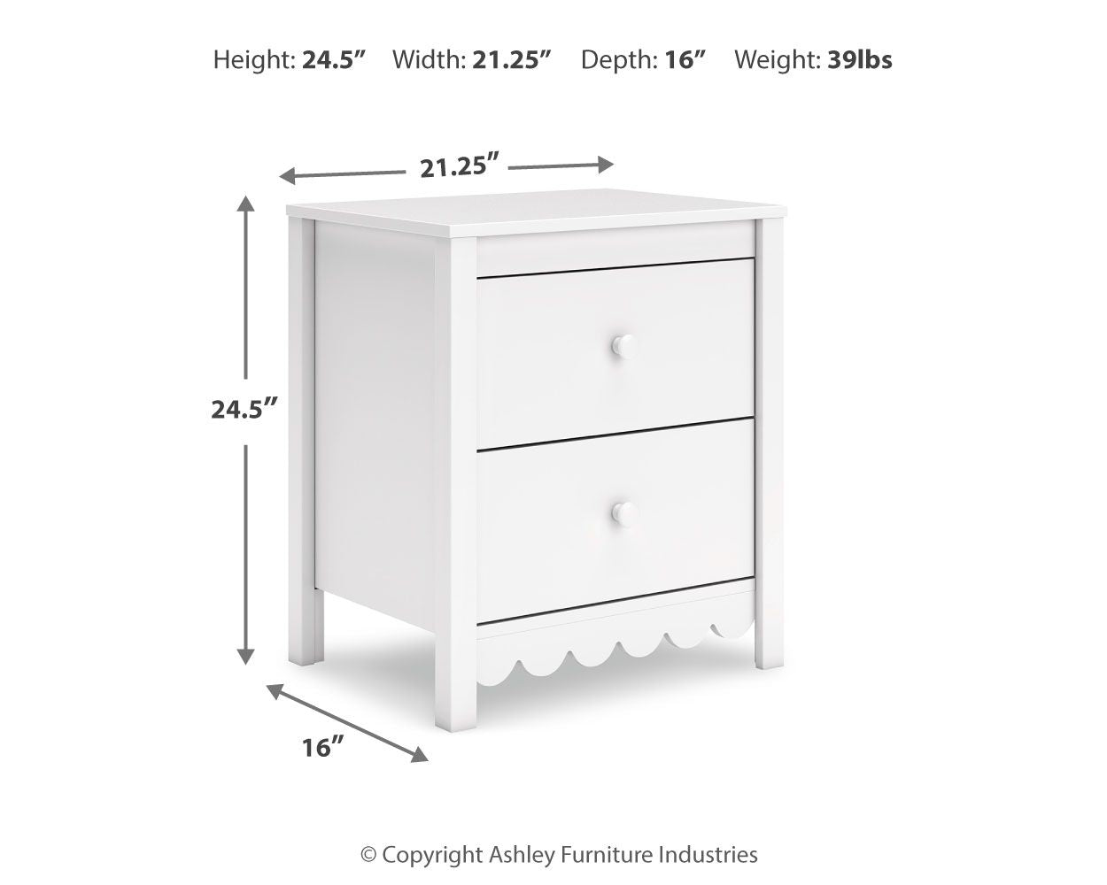 White two-drawer nightstand, dimensions 24.5 in high, 21.25 in wide