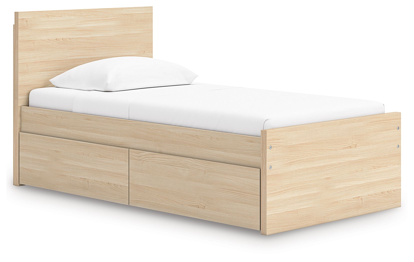 Light brown wood panel platform bed with low front panel and white mattress