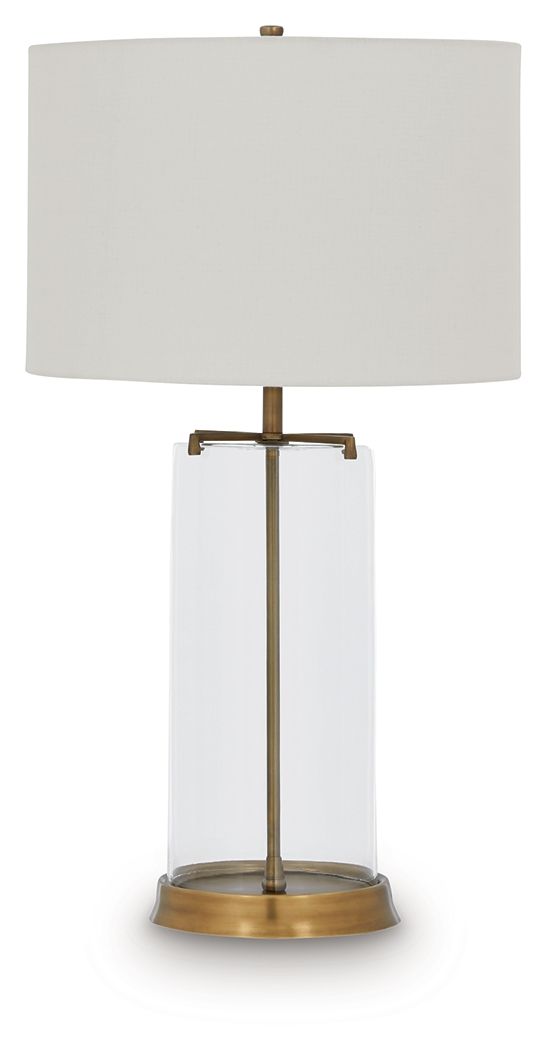 Clear glass table lamp with white fabric shade and gold base stand
