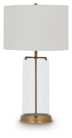 Clear glass table lamp with white fabric shade and gold base stand