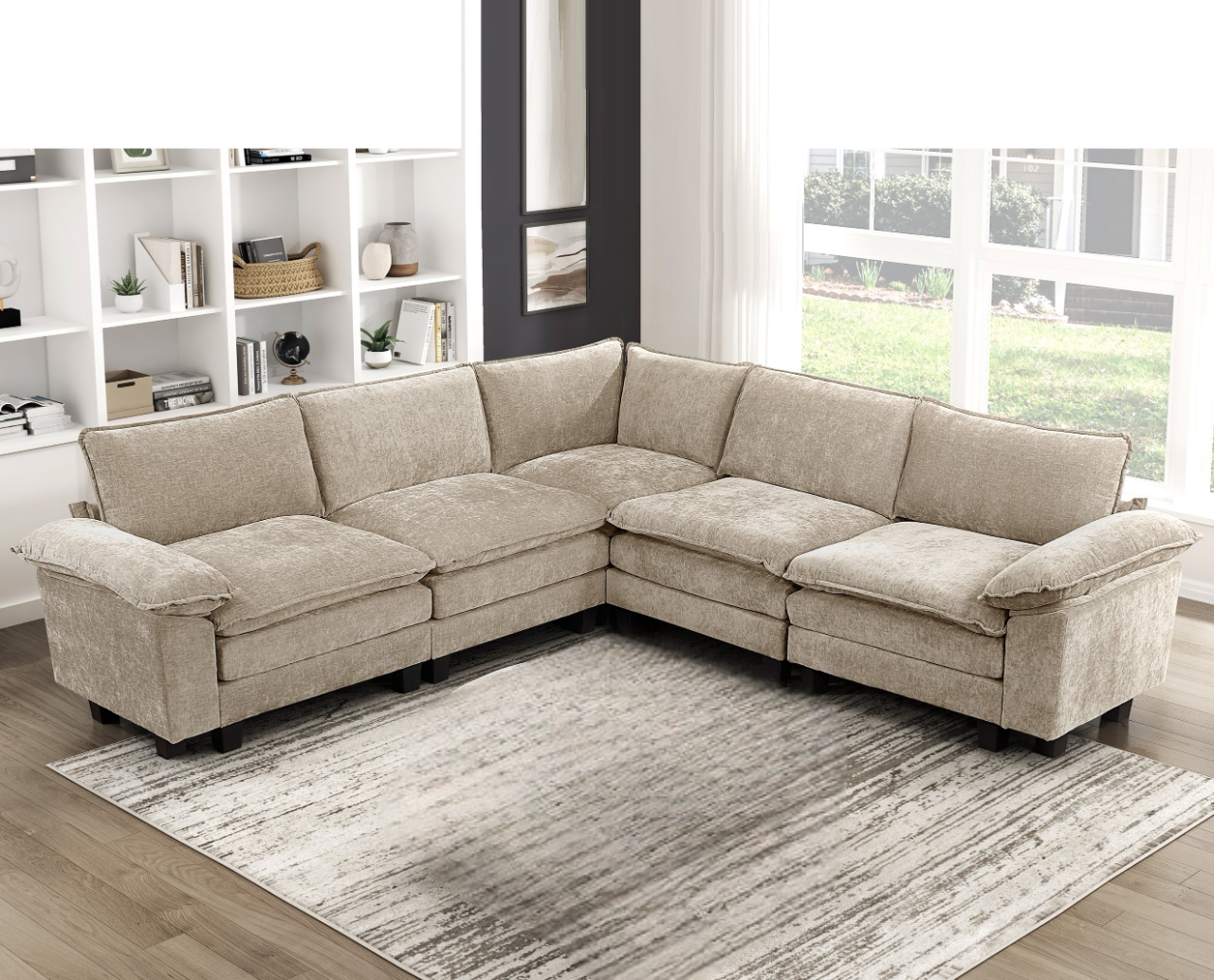 Modern Taupe Chenille 5-Pc Plush Modular Sectional Sofa