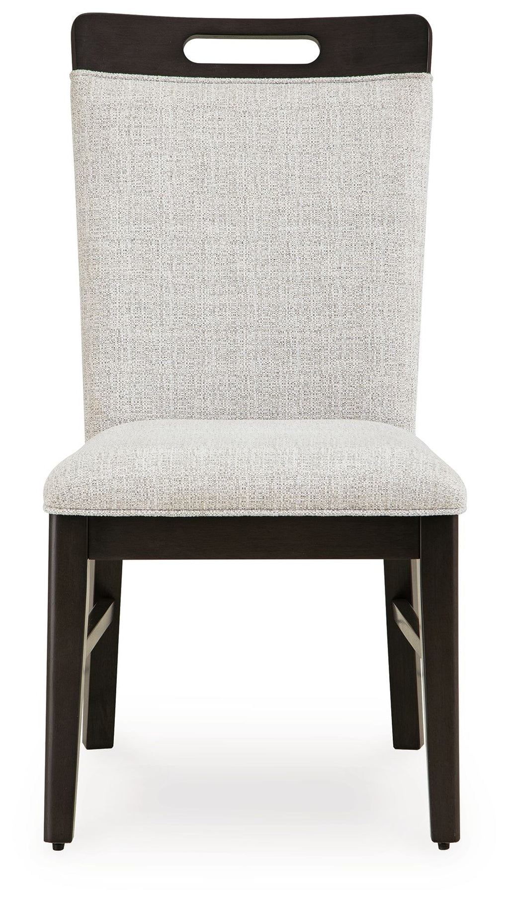 Upholstered dining side chair in light gray with dark brown legs and top handle