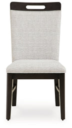Upholstered dining side chair in light gray with dark brown legs and top handle