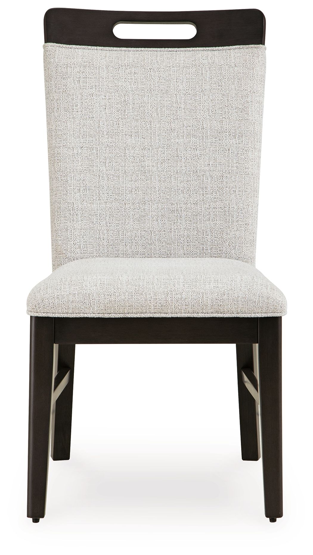Upholstered dining side chair in light gray with dark brown legs and top handle