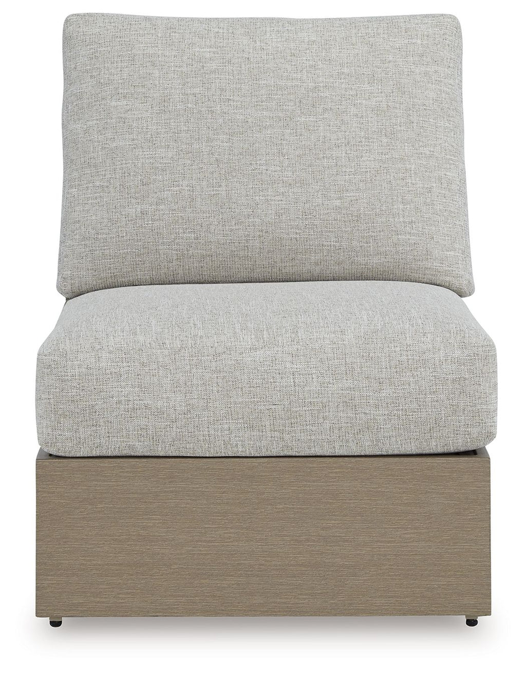 Armless chair with cushion, light gray upholstered back and seat on brown base