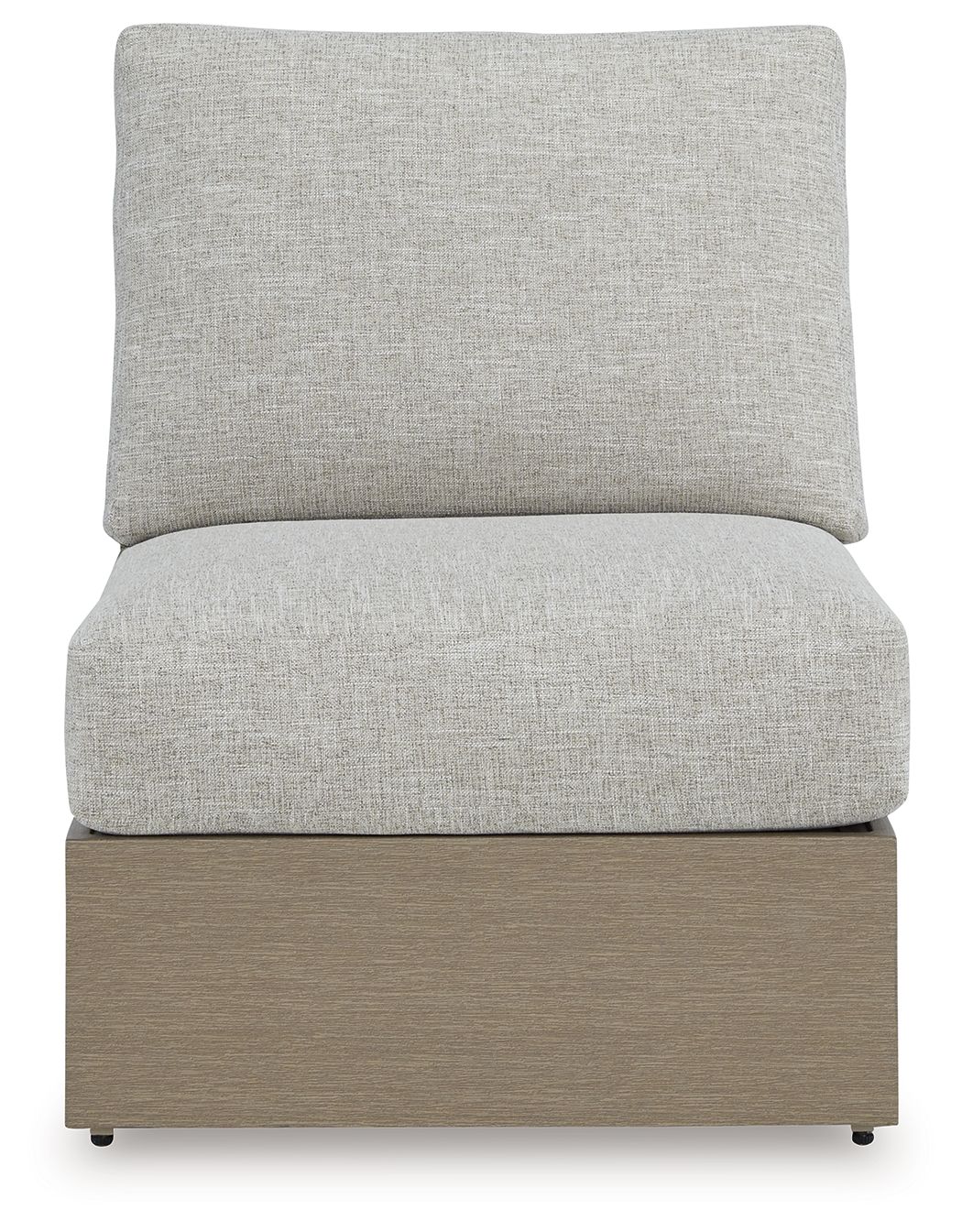 Armless chair with cushion, light gray upholstered back and seat on brown base