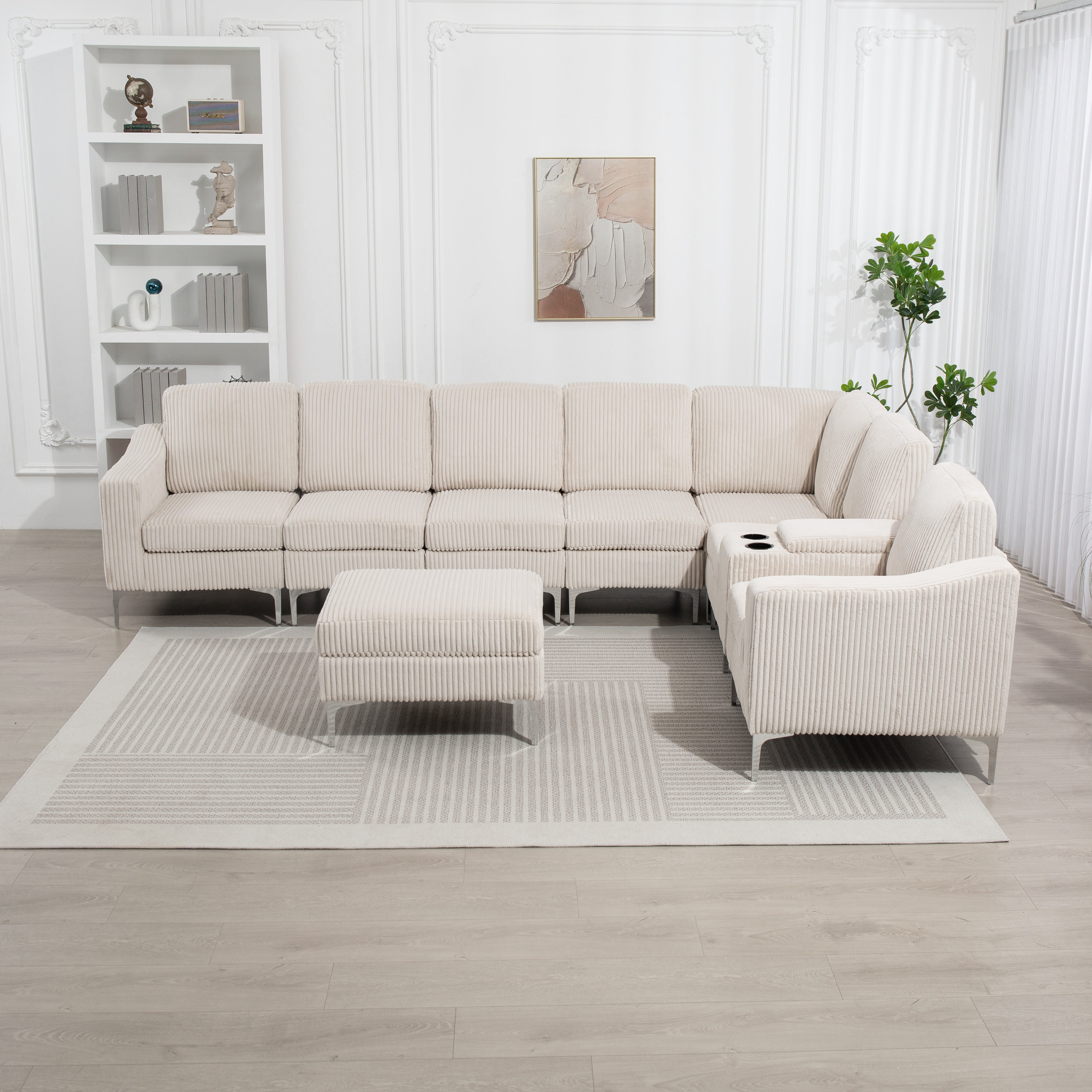 Beige Corduroy Convertible Sectional Sofa w/ Storage & USB