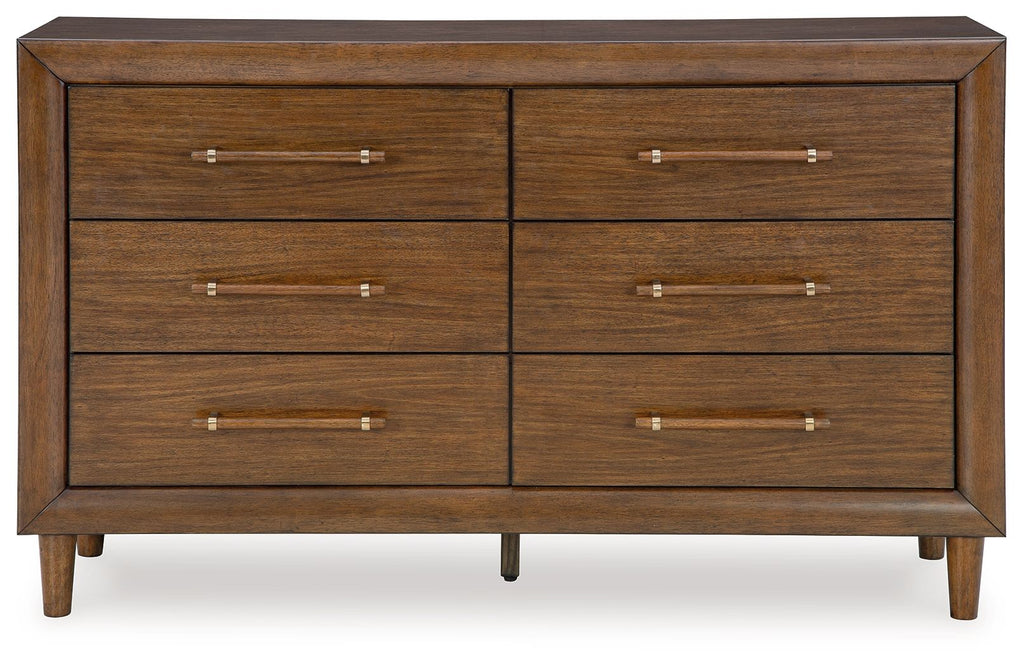 Brown wooden dresser with six drawers and straight brass bar handles, symmetrical front