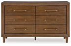 Brown wooden dresser with six drawers and straight brass bar handles, symmetrical front