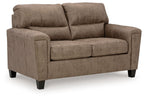 Taupe upholstered loveseat with tufted back, two seat cushions, and dark tapered legs