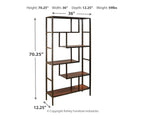 Bookcase layout diagram with five open shelves and dimension marks