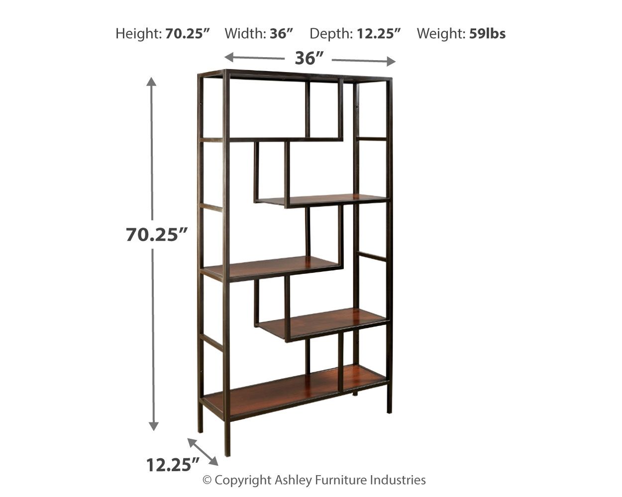 Bookcase layout diagram with five open shelves and dimension marks