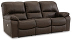 Leesworth dark brown reclining sofa in brown with reclined seat section and armrest detail.