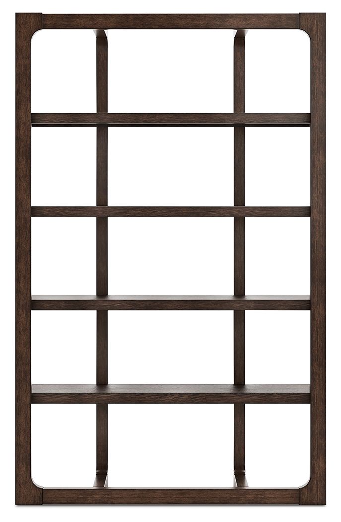 Dark brown wooden bookcase with multiple open shelves and rectangular glassless window openings