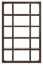 Dark brown wooden bookcase with multiple open shelves and rectangular glassless window openings