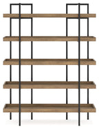 Light brown wood bookcase with black metal uprights and 4 open shelf levels