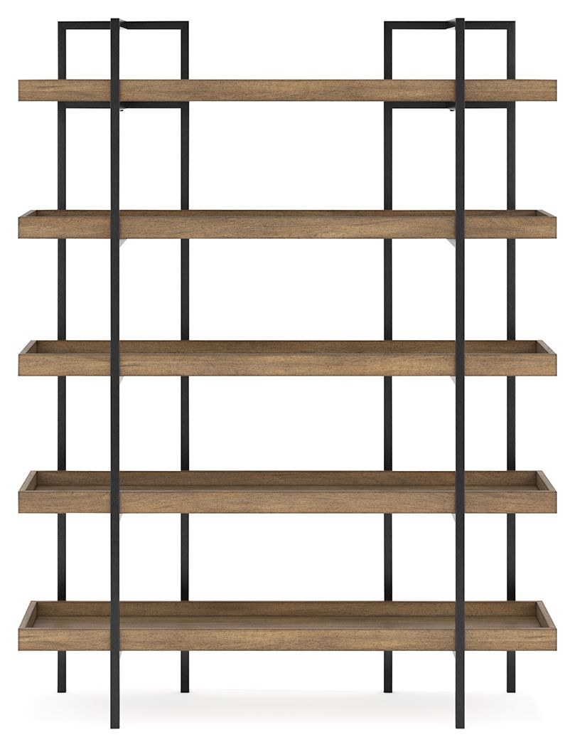 Light brown wood bookcase with black metal uprights and 4 open shelf levels