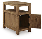 Chair side end table with open shelf and hinged door swung open, rustic light brown wood
