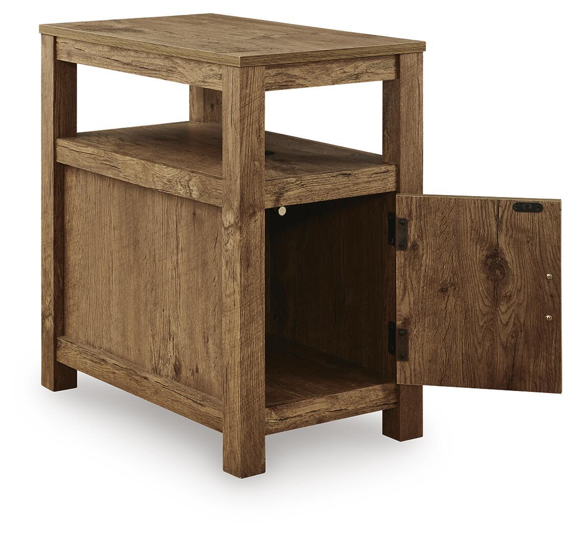 Chair side end table with open shelf and hinged door swung open, rustic light brown wood
