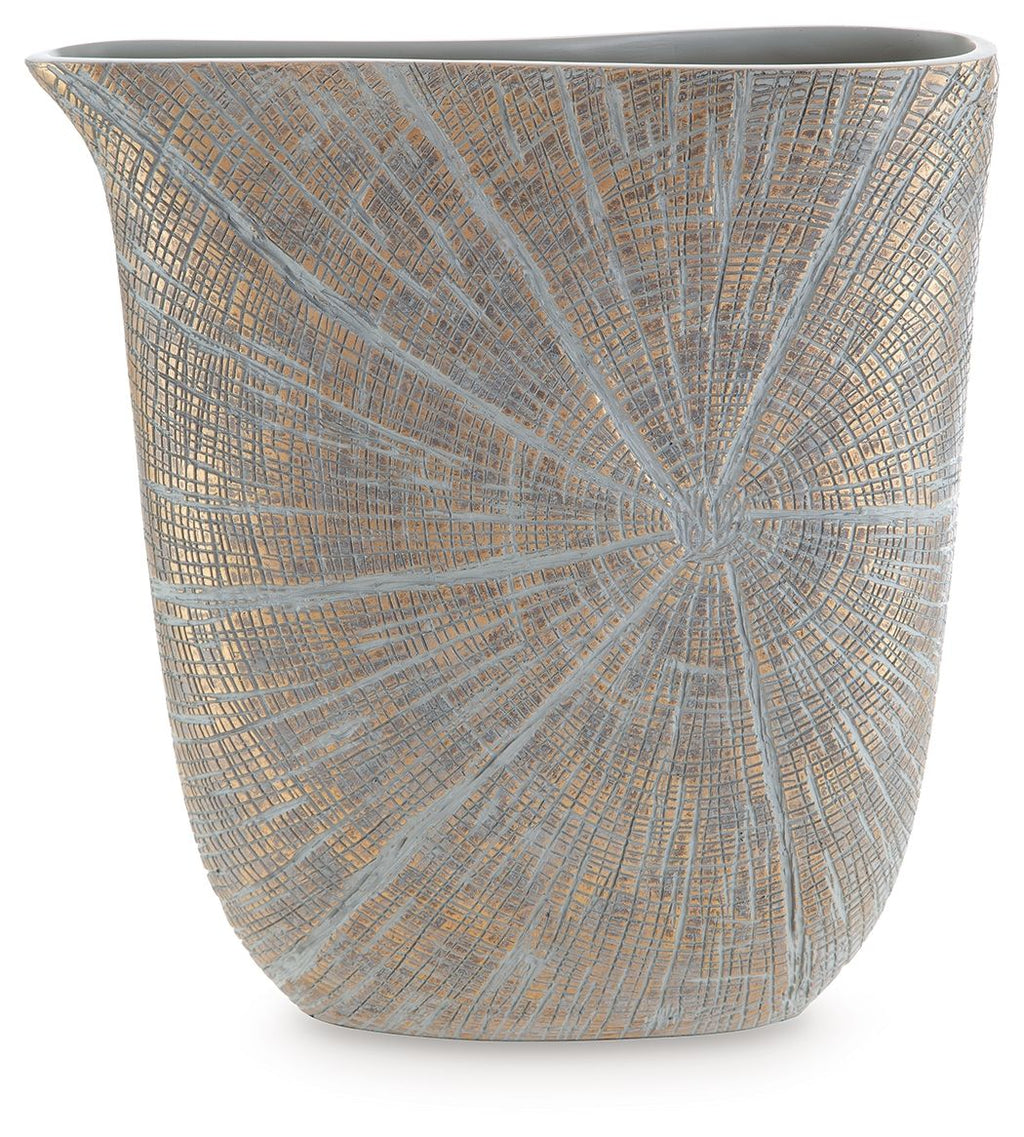 Blue-gray vase with radial mosaic pattern and rounded top rim