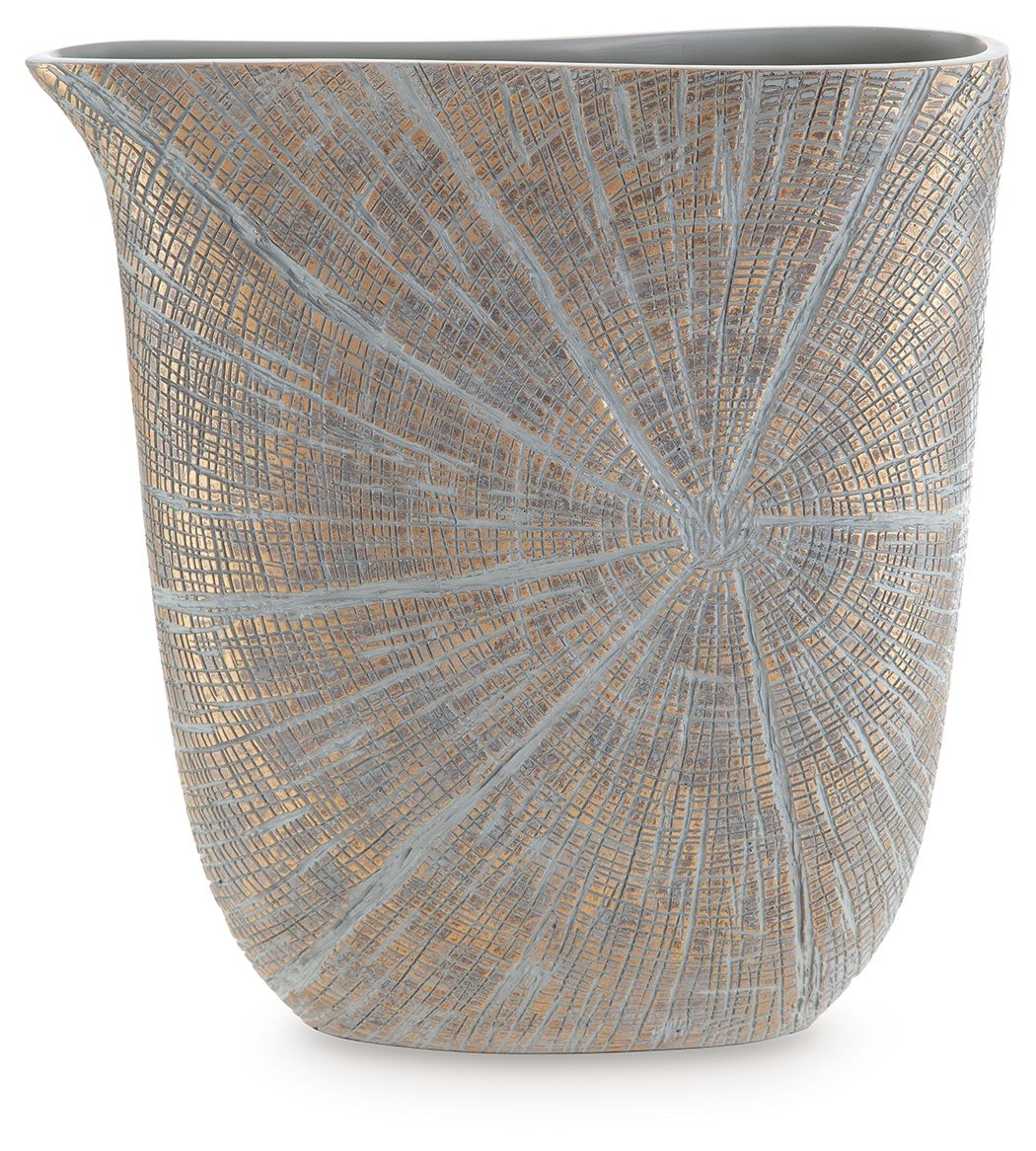 Blue-gray vase with radial mosaic pattern and rounded top rim