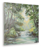 Landscape wall art canvas with green trees, gray stream, and bright white glow