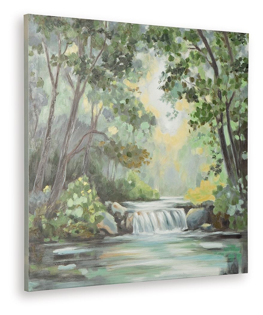 Landscape wall art canvas with green trees, gray stream, and bright white glow