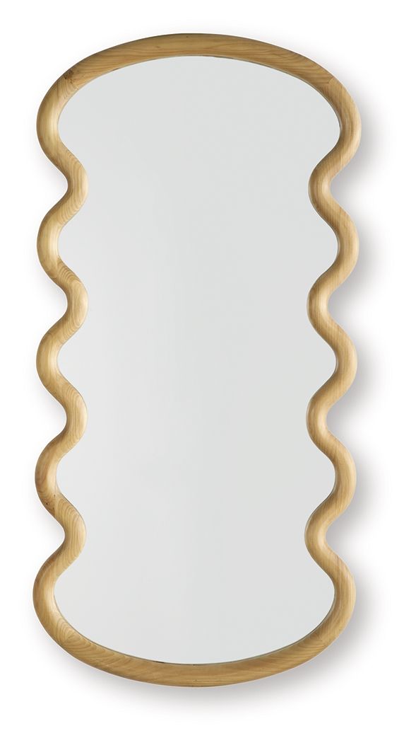 Brown wavy-oval accent mirror with clear reflective center, vertical