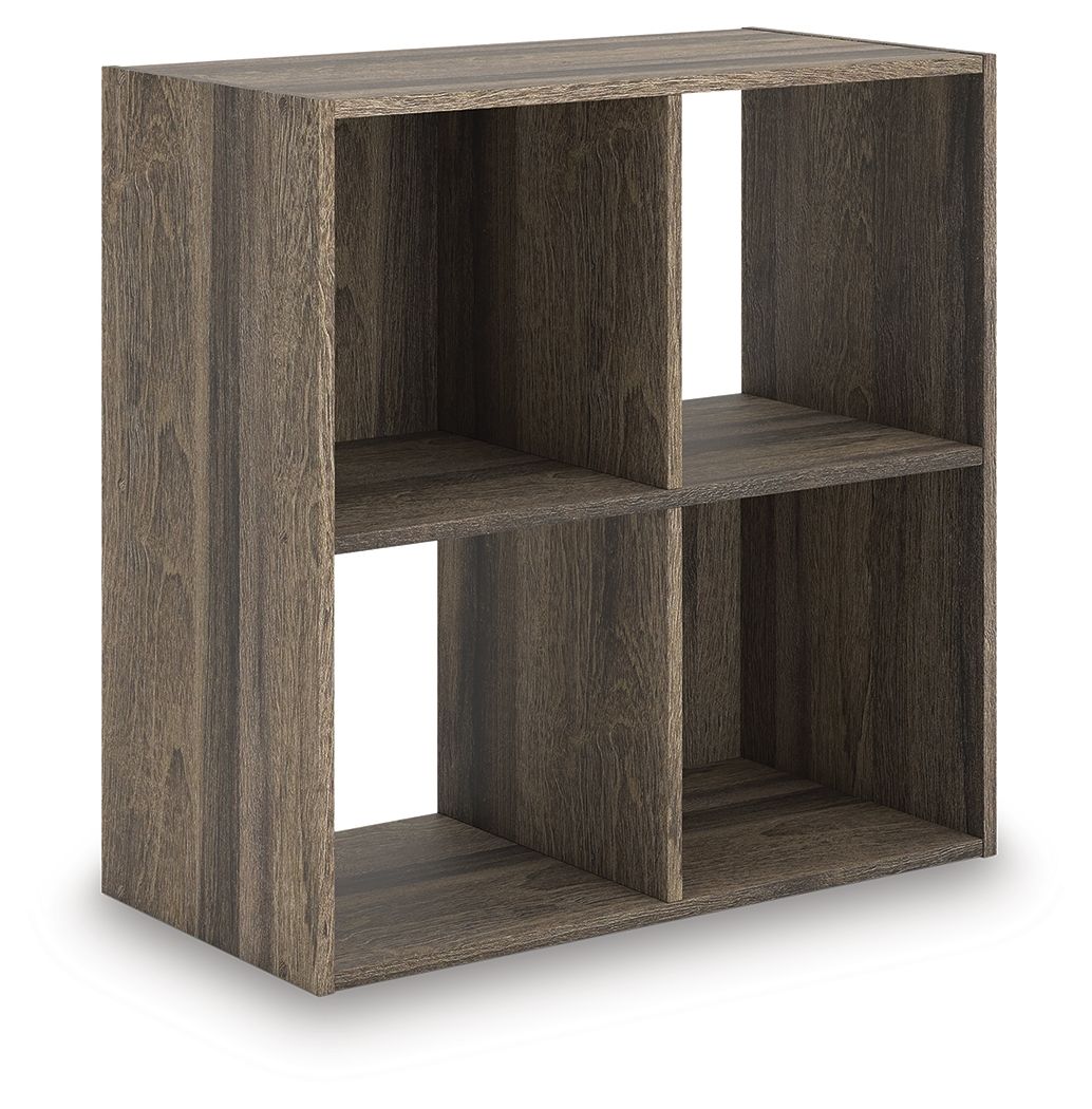 Dark brown cube organizer with open square cubbies, four compartments and three shelves visible
