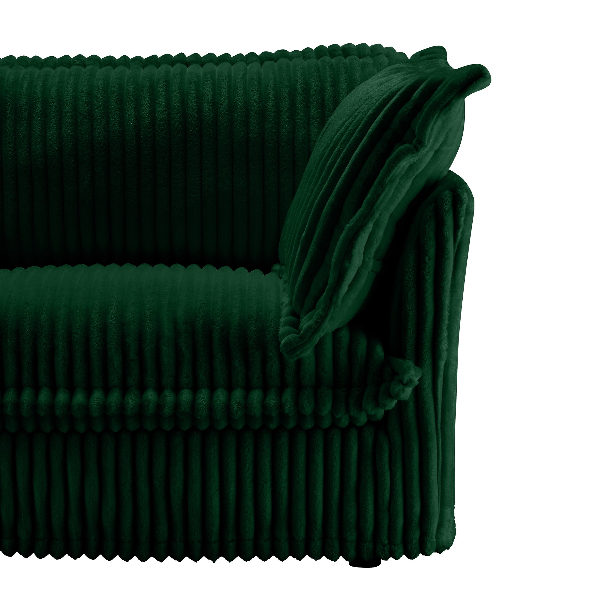 Green sectional side view with ribbed slipcover and draped fabric trim