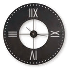 Antique brown wall clock with roman numerals, black hands, and minute markers