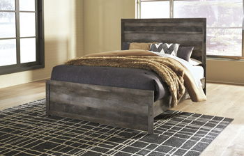 Gray queen bed panel rails with dark upholstered headboard