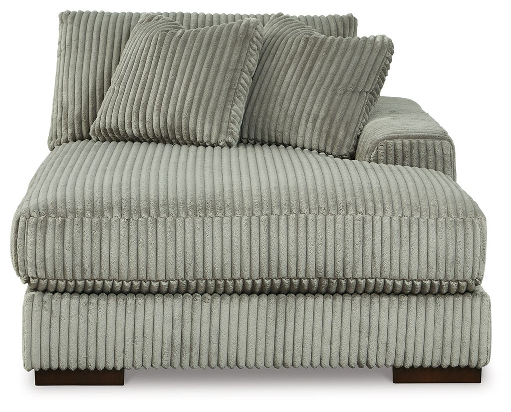 Fog corduroy corner chaise with ribbed seat, rounded arm, and layered back cushions