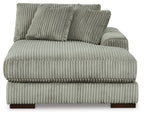 Fog corduroy corner chaise with ribbed seat, rounded arm, and layered back cushions