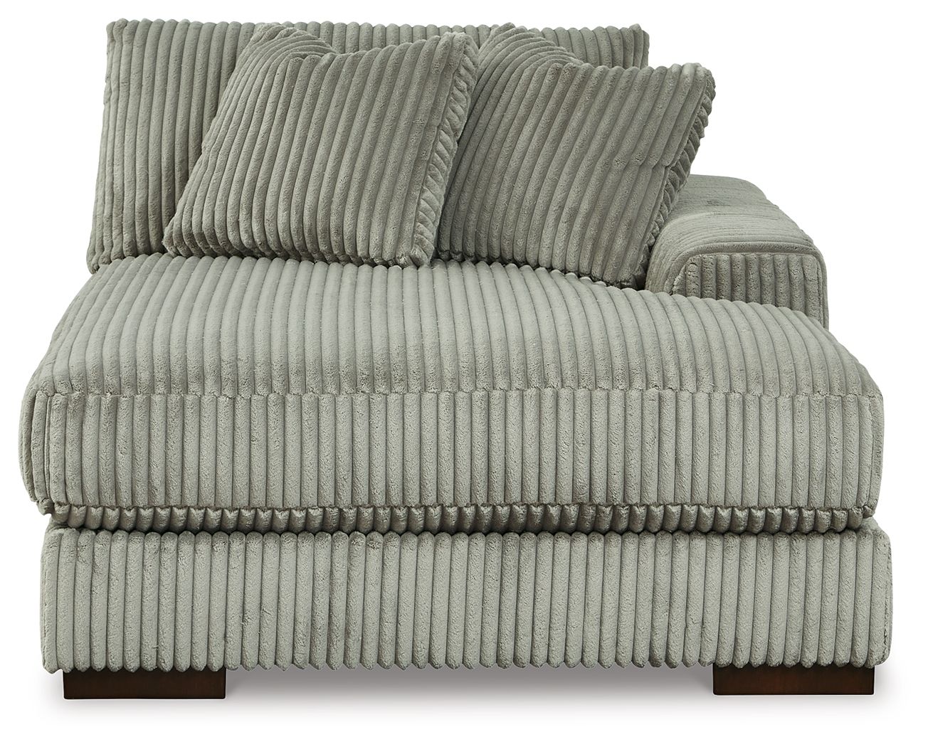 Fog corduroy corner chaise with ribbed seat, rounded arm, and layered back cushions