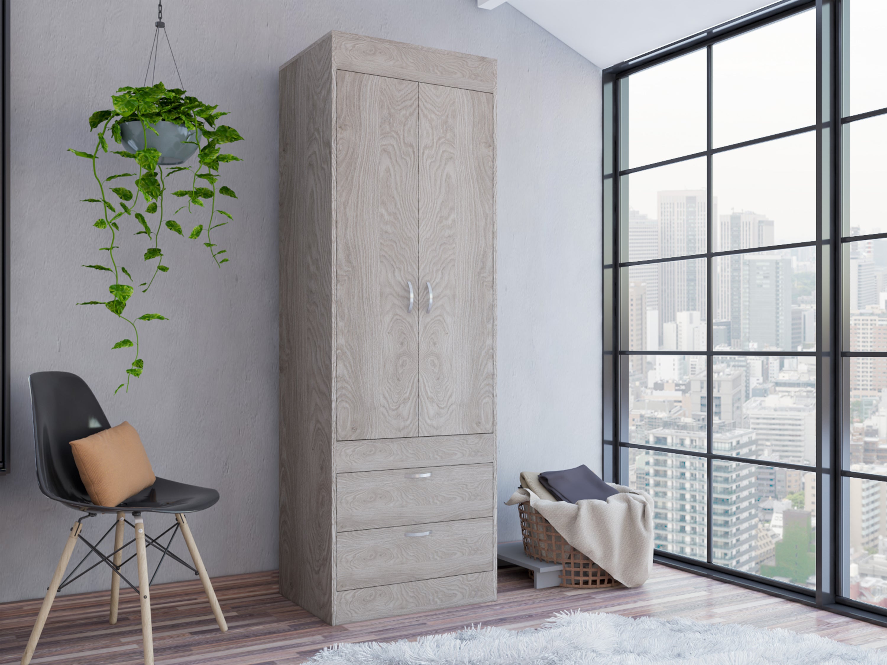 Light Gray Double Door Armoire Cabinet, 2 Drawers, Rod