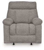 Rocker recliner chair in dark gray fabric, front view with cushioned arms