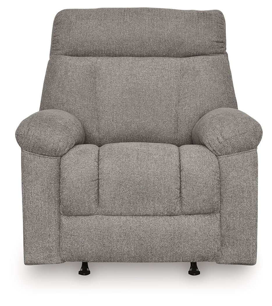Rocker recliner chair in dark gray fabric, front view with cushioned arms