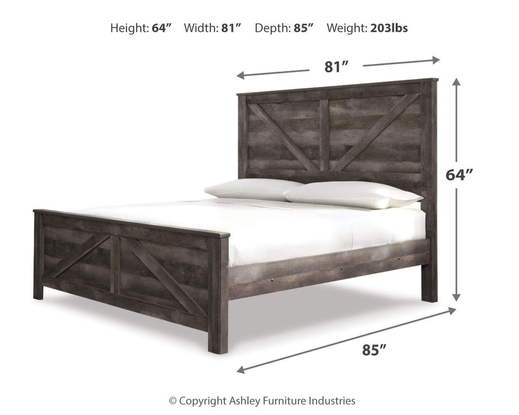 Gray crossbuck panel bed, dimensions 81" W x 64" H x 85" D