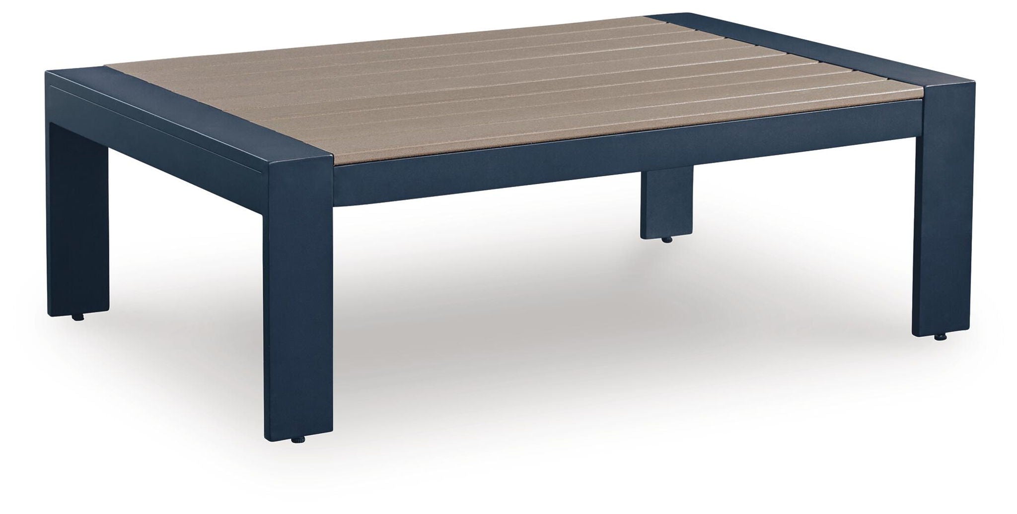Rectangular cocktail table with blue frame and wood-tone tabletop