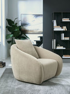 Light gray swivel accent chair with tall backrest and rounded arms, upholstered fabric.